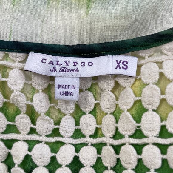 Calypso St. Barth Silk Sequin Tunic Top Size XS Green Cream Boho Batik Resort - Picture 7 of 11